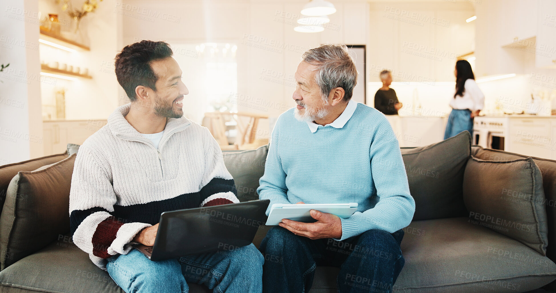 Buy stock photo Smile, old father and family at house with laptop, research and assistance for online banking. Happy, senior man and adult son in home with tech, household expenses and helping for retirement savings