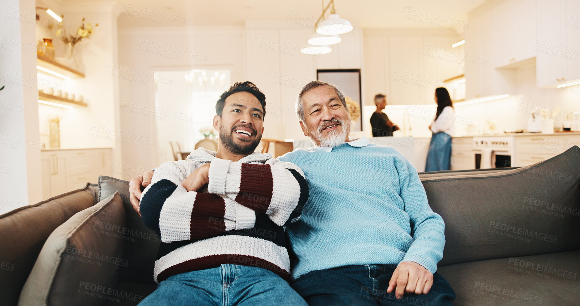 Buy stock photo Happy, man and senior dad on sofa for watching tv, relax and bonding on weekend visit. Family, home and person with elderly parents with entertainment for relationship, connection and chill together