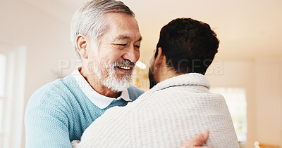 Buy stock photo Happy, man and hug senior father in home for welcome, bonding moment or comfort in homecoming. Love, adult son or embrace elderly dad for hello, excited family reunion or holiday visit in retirement