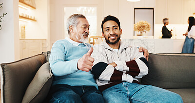 Buy stock photo Talking, man and senior dad on sofa for watching tv, relax and bonding on weekend visit. Family, home and person with elderly parents with entertainment for relationship, connection and chat together