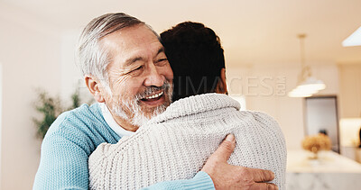 Buy stock photo Excited, man and hug senior dad for welcome home, bonding moment or comfort in homecoming. Love, adult son and embrace elderly father for hello, happy family reunion and affection for weekend visit