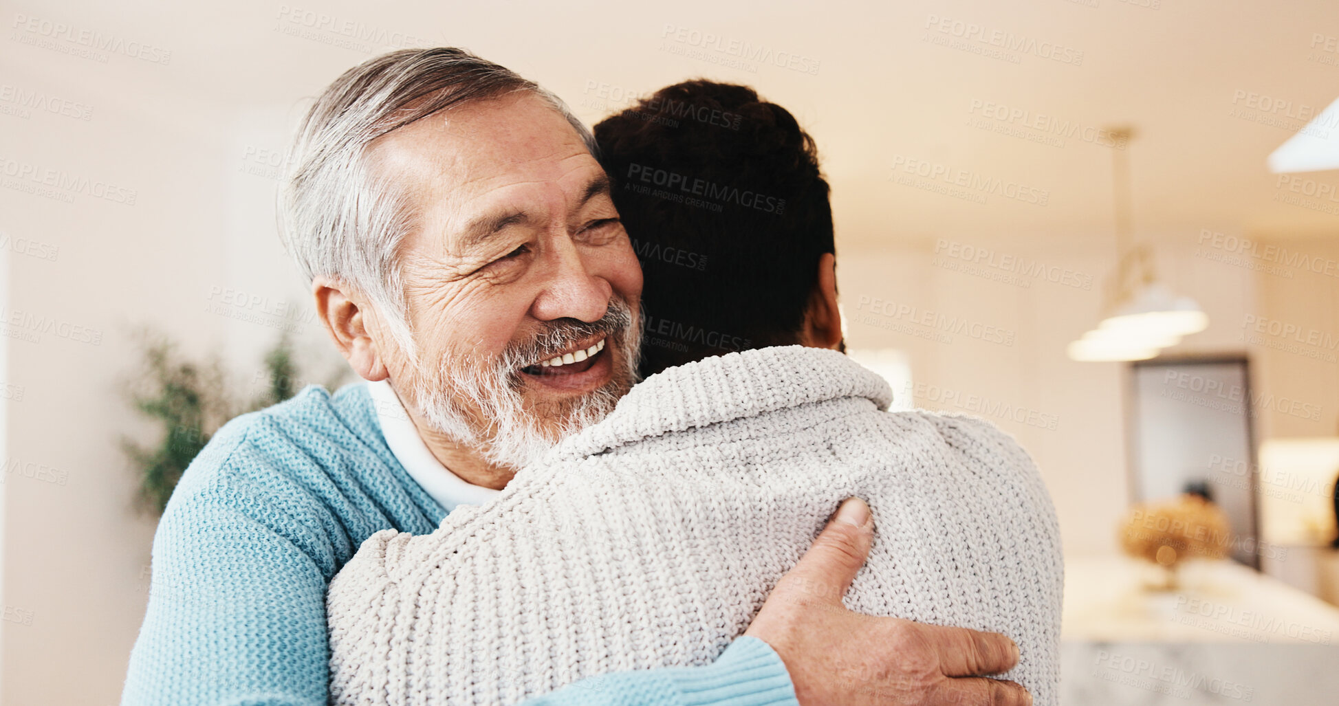 Buy stock photo Excited, man and hug senior dad for welcome home, bonding moment or comfort in homecoming. Love, adult son and embrace elderly father for hello, happy family reunion and affection for weekend visit