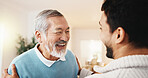Excited, man and greeting senior dad for welcome home, bonding moment and emotional homecoming. Support, adult son and happy elderly father with hello, family reunion and affection for weekend visit