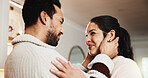 Couple, hug and love in home, bonding and smile with partner on weekend and relationship commitment. Happy people, embrace and affection for spouse,  connection and marriage loyalty in house or care