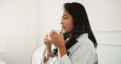 Buy stock photo Thinking, woman and relax at house with coffee, start day and reflection for weekend unwind. Vision, female person and rest in lounge with beverage, nostalgia memory and comfortable for stress relief