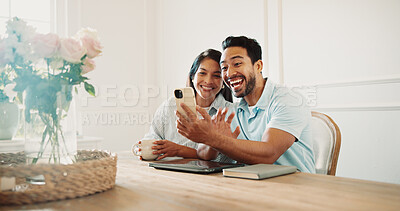 Buy stock photo Video call, happy and couple with cellphone in home for communication, bonding and networking. Smile, technology and man with woman on phone for virtual conversation in house together on weekend.