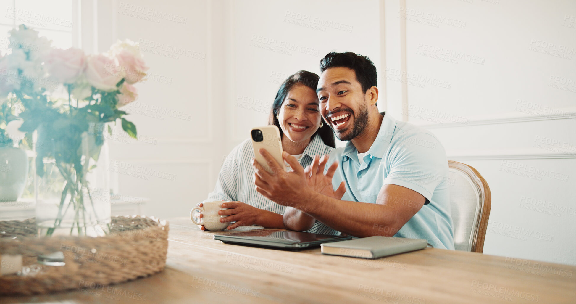 Buy stock photo Video call, happy and couple with cellphone in home for communication, bonding and networking. Smile, technology and man with woman on phone for virtual conversation in house together on weekend.