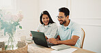 Happy, couple and online in house with laptop, support and browsing website for job search together. People, dating and smile in home with computer, application and optimistic for hiring opportunity.