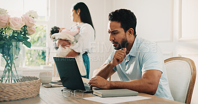Buy stock photo Laptop, confused and man in home office for remote work, email spam and father with family. Computer, stress and freelancer with error for project mistake, review fail or unsure with baby mother