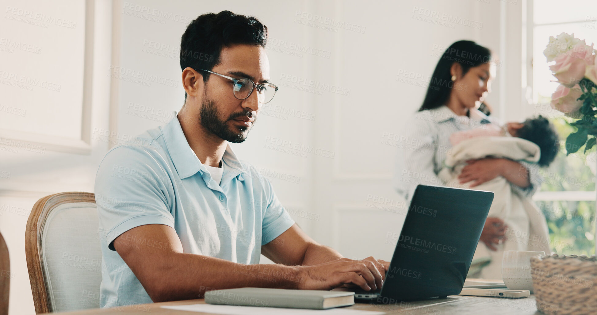 Buy stock photo Laptop, typing and father in home office for remote work, email or bookkeeping budget with family. Computer, freelancer or man with accounting report, tax records or financial review with baby mother