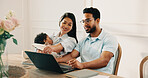 Parents, baby and conversation in home with laptop, financial plan or research for family insurance. Happy married people, mom and dad at dining table with child, computer and review policy cover.