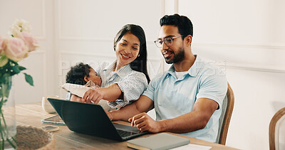 Buy stock photo Parents, baby and conversation in home with laptop, financial plan or research for family insurance. Happy married people, mom and dad at dining table with child, computer and review policy cover.