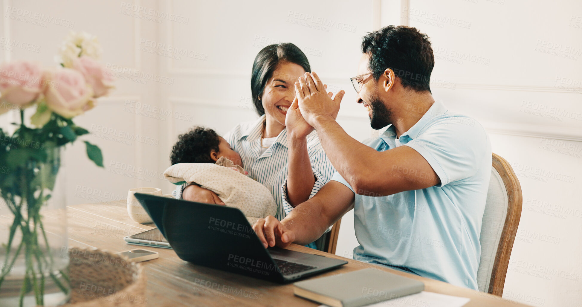 Buy stock photo Finance, laptop and family in house with high five, savings growth and success in funding management. Happy, child and parents in home with tech, budget achievement or celebration on investment goals