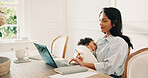 Mom, laptop and remote work in home with sleeping baby, smile and balance responsibility for career. Happy, woman and freelance worker multitasking in house with computer, project and care for child.