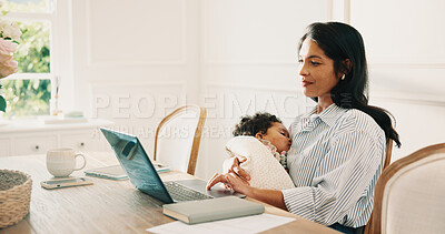 Buy stock photo Mom, laptop and remote work in home with sleeping baby, smile and balance responsibility for career. Happy, woman and freelance worker multitasking in house with computer, project and care for child.