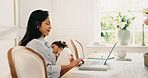 Mother, laptop and remote work in home with sleeping baby, smile and balance responsibility for job. Happy, woman and freelance worker multitasking in house with computer, project and care for child.