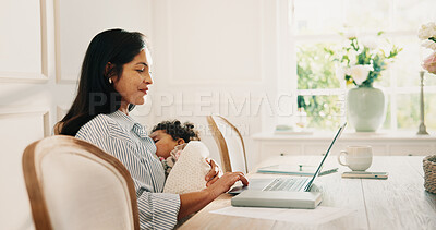 Buy stock photo Mother, laptop and remote work in home with sleeping baby, smile and balance responsibility for job. Happy, woman and freelance worker multitasking in house with computer, project and care for child.