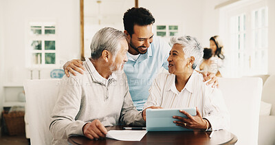 Buy stock photo Man, laugh and senior parents with tablet in home, financial planning or budget review with document. Happy, family and old people with son, help and bills with tech, online and discussion in house