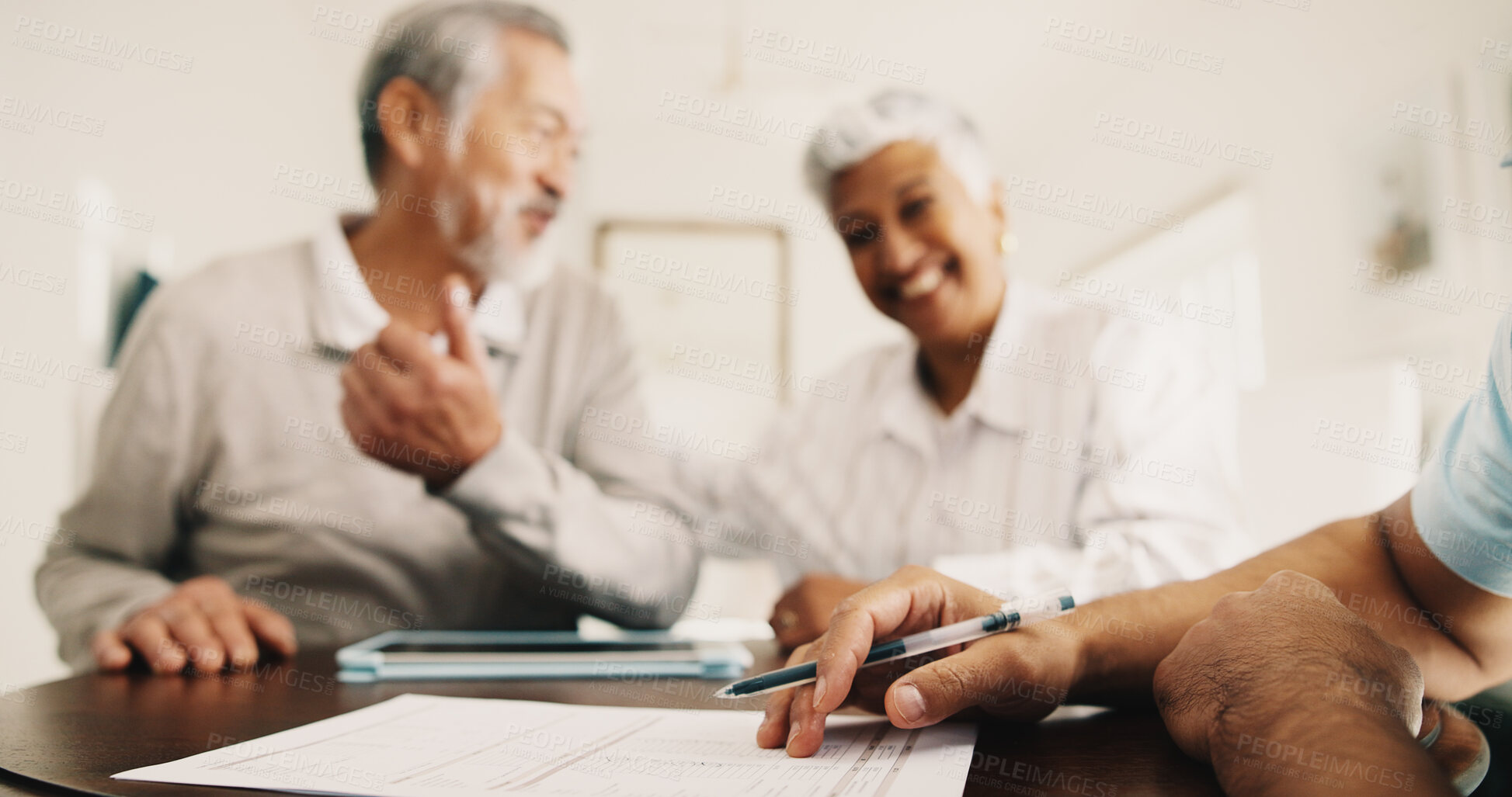 Buy stock photo Old couple, smile and financial advisor with document, hands or retirement options on report in home. Happy, senior people and asset management with wealth manager, savings and pension fund in house