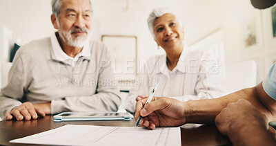 Buy stock photo Old couple, home and financial advisor with document, hand and explain retirement options on report. Happy, senior people and asset management with wealth manager, savings and pension fund in house