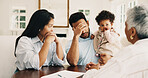 Stress, discussion and family with financial advisor in home for planning low savings or debt. Upset, conversation and accountant with parents and baby for finance report with bad news on mortgage.