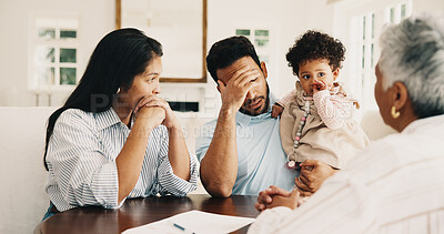 Buy stock photo Stress, discussion and family with financial advisor in home for planning low savings or debt. Upset, people and accountant with parents and baby for finance report with bad news on mortgage.