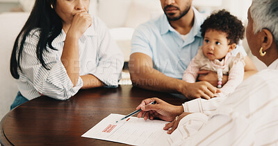 Buy stock photo Upset, documents and couple with financial advisor in home in discussion for debt payment. Paperwork, loan application and parents with baby at meeting with accountant for bankruptcy in apartment.