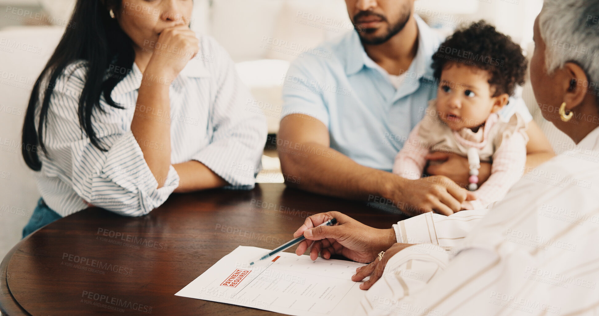 Buy stock photo Upset, documents and couple with financial advisor in home in discussion for debt payment. Paperwork, loan application and parents with baby at meeting with accountant for bankruptcy in apartment.