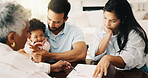 Planning, paperwork and couple with financial advisor in home in discussion for investment. Documents, savings and parents with baby at meeting with accountant for mortgage contract in apartment.