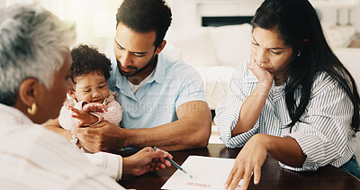 Buy stock photo Planning, paperwork and couple with financial advisor in home in discussion for investment. Documents, savings and parents with baby at meeting with accountant for mortgage contract in apartment.