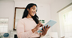 Tablet, freelancer and woman in home with research, story editing or happy with manuscript draft. Tech, remote work and person reading review on internet, creative chapter and author publication