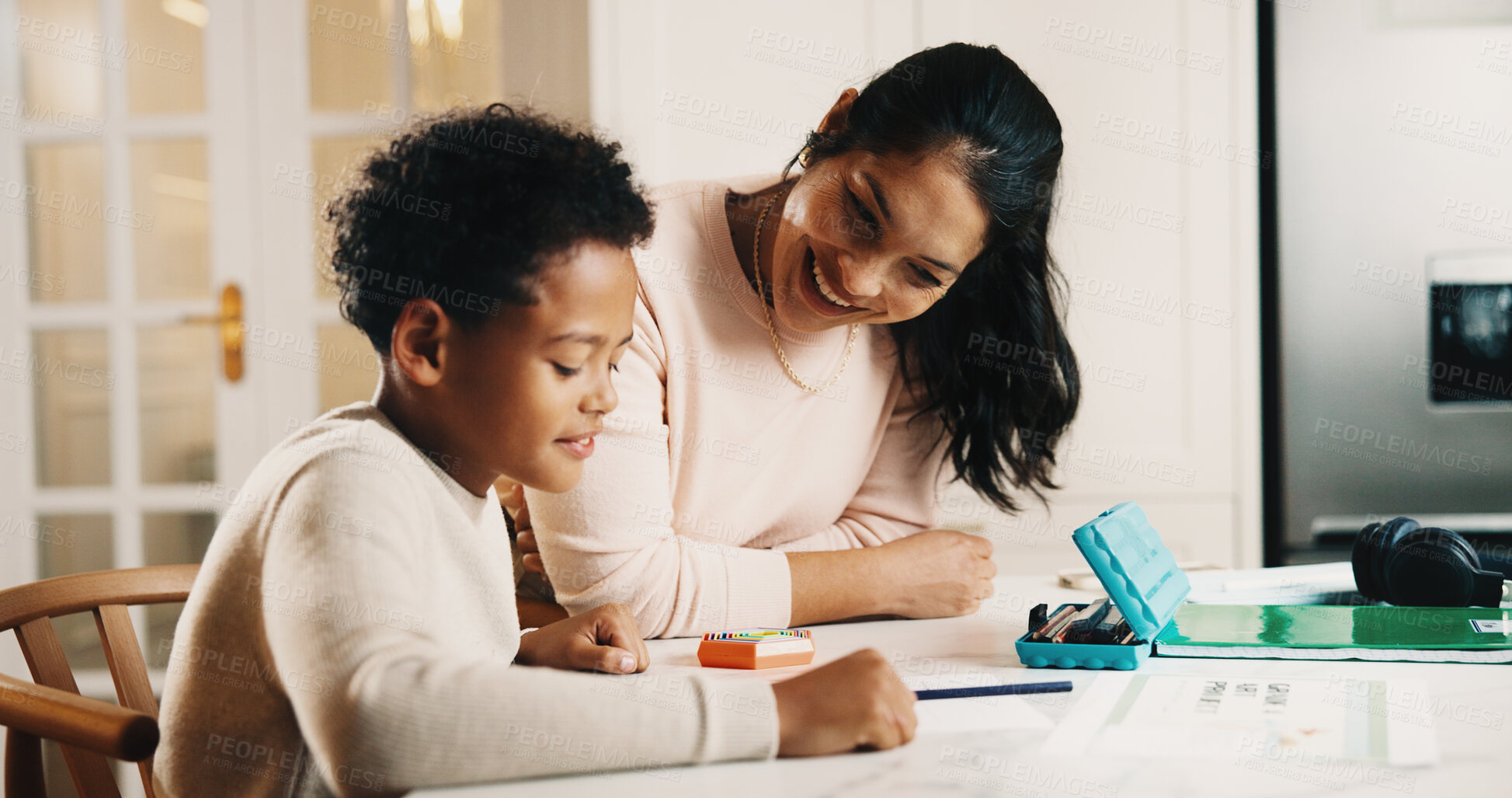 Buy stock photo Happy, mother and child in house with homework, teaching knowledge or help kid understand assignment. Woman, son and smile in home with school task, education and assistance with problem solving.