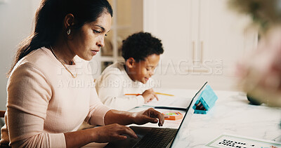 Buy stock photo Mother, remote work and child in home with laptop, research and writing notes for education. Woman, freelancer and kid at house with pc, browsing internet and homework worksheet for creative learning