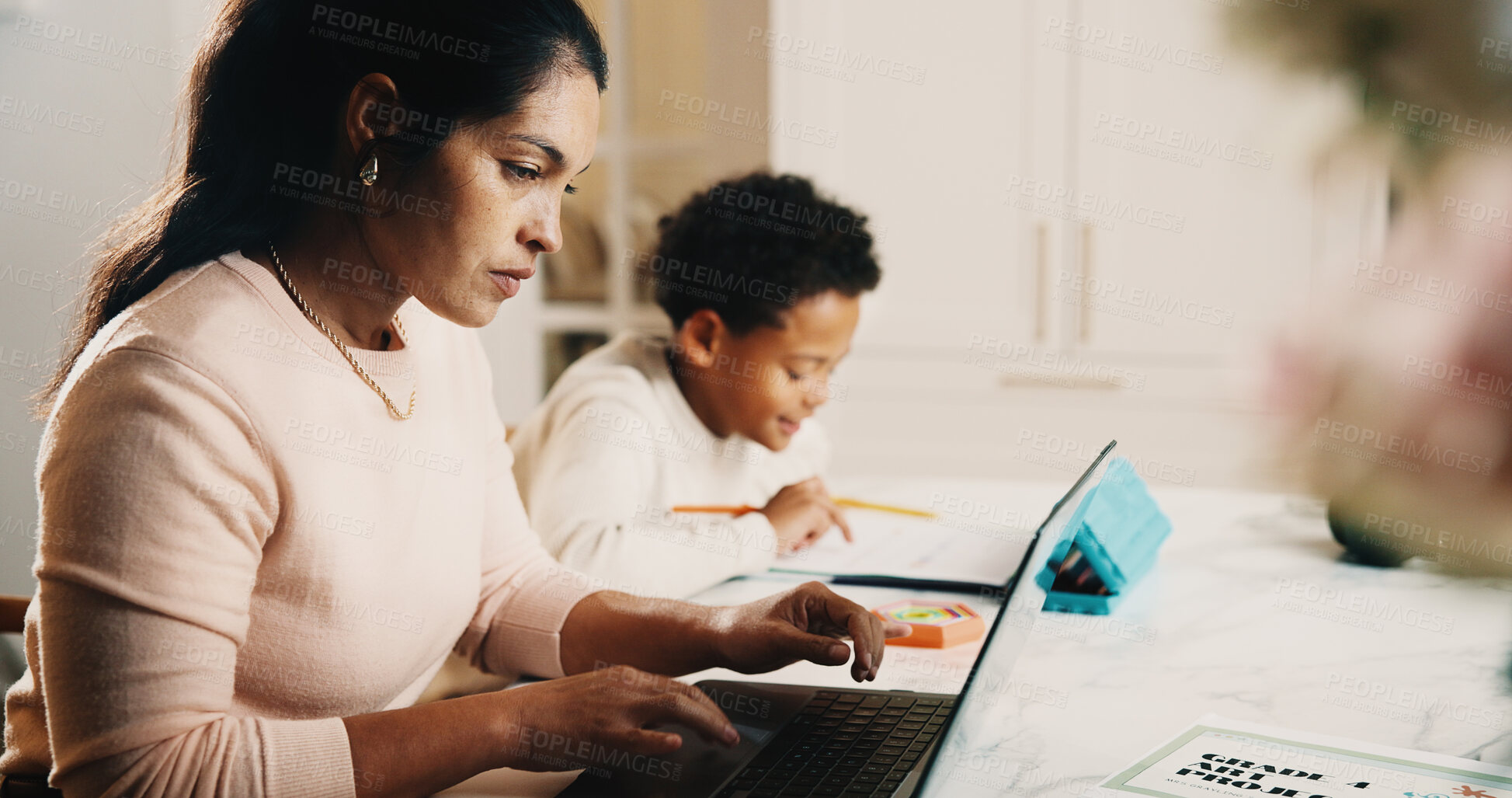 Buy stock photo Mother, remote work and child in home with laptop, research and writing notes for education. Woman, freelancer and kid at house with pc, browsing internet and homework worksheet for creative learning