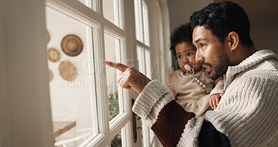Buy stock photo Window, pointing and father with baby in home for bonding, love and connection on weekend break. Happy, curiosity and dad with girl toddler for view, safety and trust in family together in house.