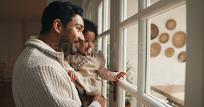 Buy stock photo Window, view and father with baby in home for bonding, love and connection on weekend break. Happy, curiosity and dad with girl toddler for support, safety and trust in family together in house.