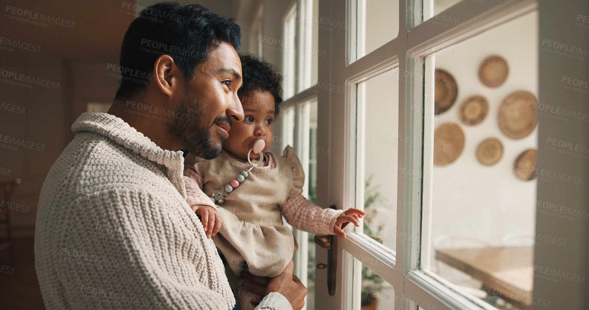 Buy stock photo Window, view and father with baby in home for bonding, love and connection on weekend break. Happy, curiosity and dad with girl toddler for support, safety and trust in family together in house.