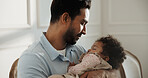 Love, father and baby in home with sleeping, development support and parental bonding with nap. Protection, single dad and tired child with rest for infant wellness, healthy growth or family security
