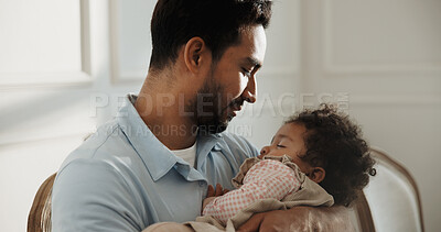 Buy stock photo Love, father and baby in home with sleeping, development support and parental bonding with nap. Protection, single dad and tired child with rest for infant wellness, healthy growth or family security