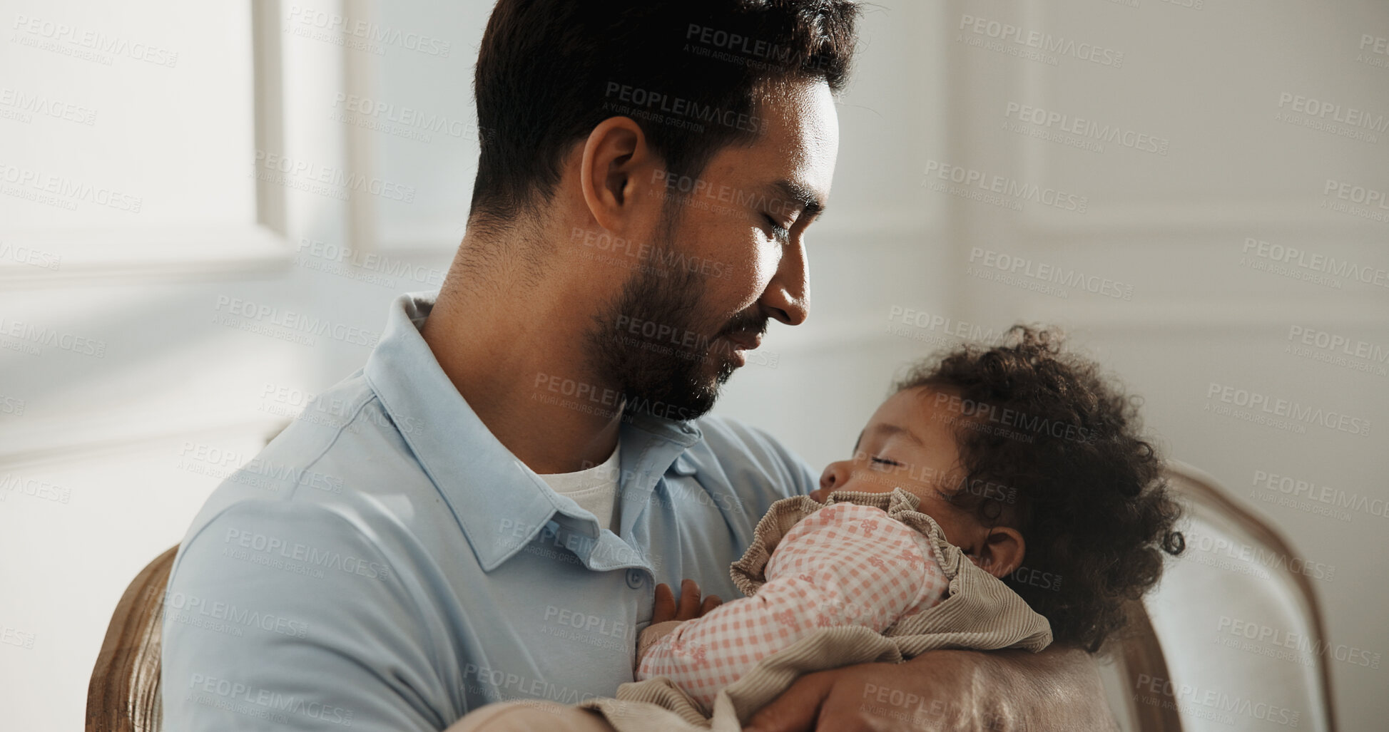 Buy stock photo Love, father and baby in home with sleeping, development support and parental bonding with nap. Protection, single dad and tired child with rest for infant wellness, healthy growth or family security