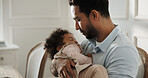 Care, father and baby in home with sleeping, development support and parental bonding with nap. Protection, single dad and tired child with rest for infant wellness, healthy growth or family security