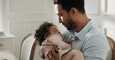 Buy stock photo Care, father and baby in home with sleeping, development support and parental bonding with nap. Protection, single dad and tired child with rest for infant wellness, healthy growth or family security