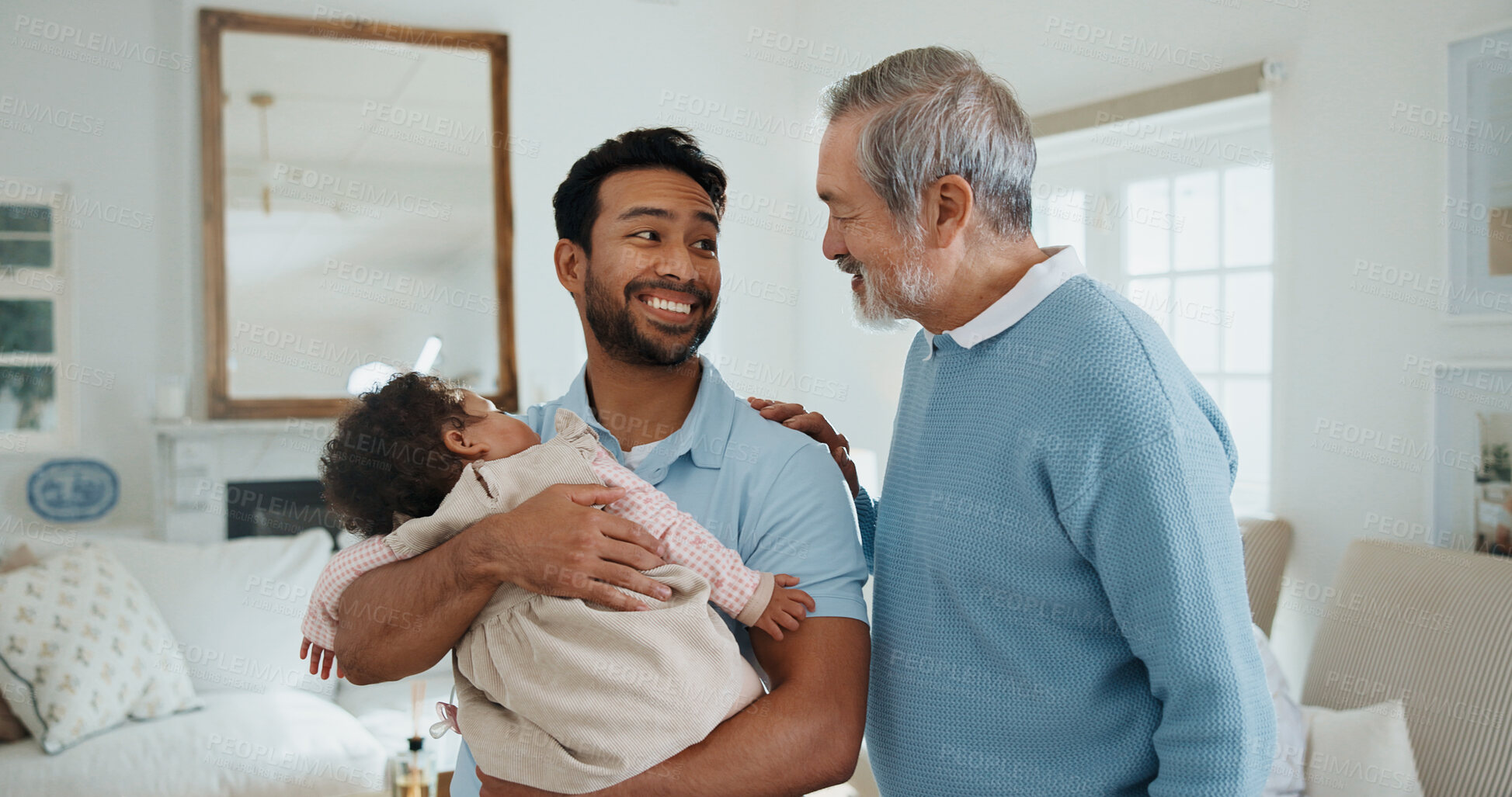 Buy stock photo Smile, father and grandfather at house with baby, nap time and bonding together for nurturing. Happy, man and old person in home with sleeping infant, family support and interaction for weekend visit