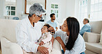 Sleeping, mom and grandma with baby for care, development support or maternal bonding with rest. Generations, family and infant with nap in home for wellness, security or adoration for healthy growth