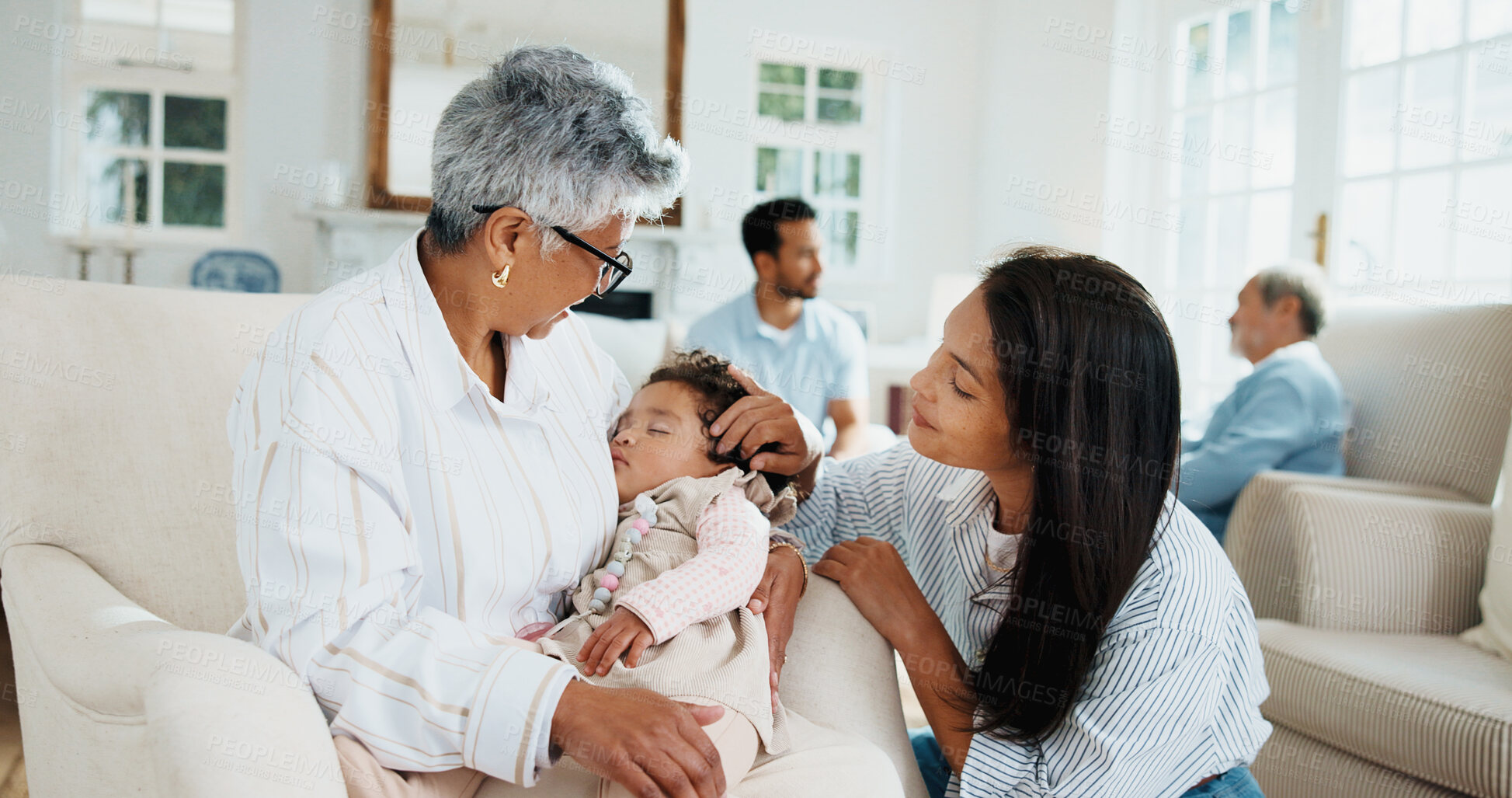 Buy stock photo Sleeping, mom and grandma with baby for care, development support or maternal bonding with rest. Generations, family and infant with nap in home for wellness, security or adoration for healthy growth