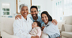 Grandma, portrait and family with baby in home, laughing and visit with child on weekend or bonding. Senior parents, care and happy people with little girl, embrace and connection together in house