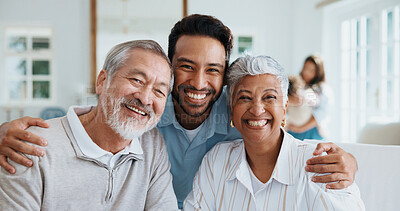 Buy stock photo Happy, portrait and man with senior parents in home for bonding, relax and hug on weekend visit. Family, house and person with elderly mom and dad for relationship, support and embrace for love