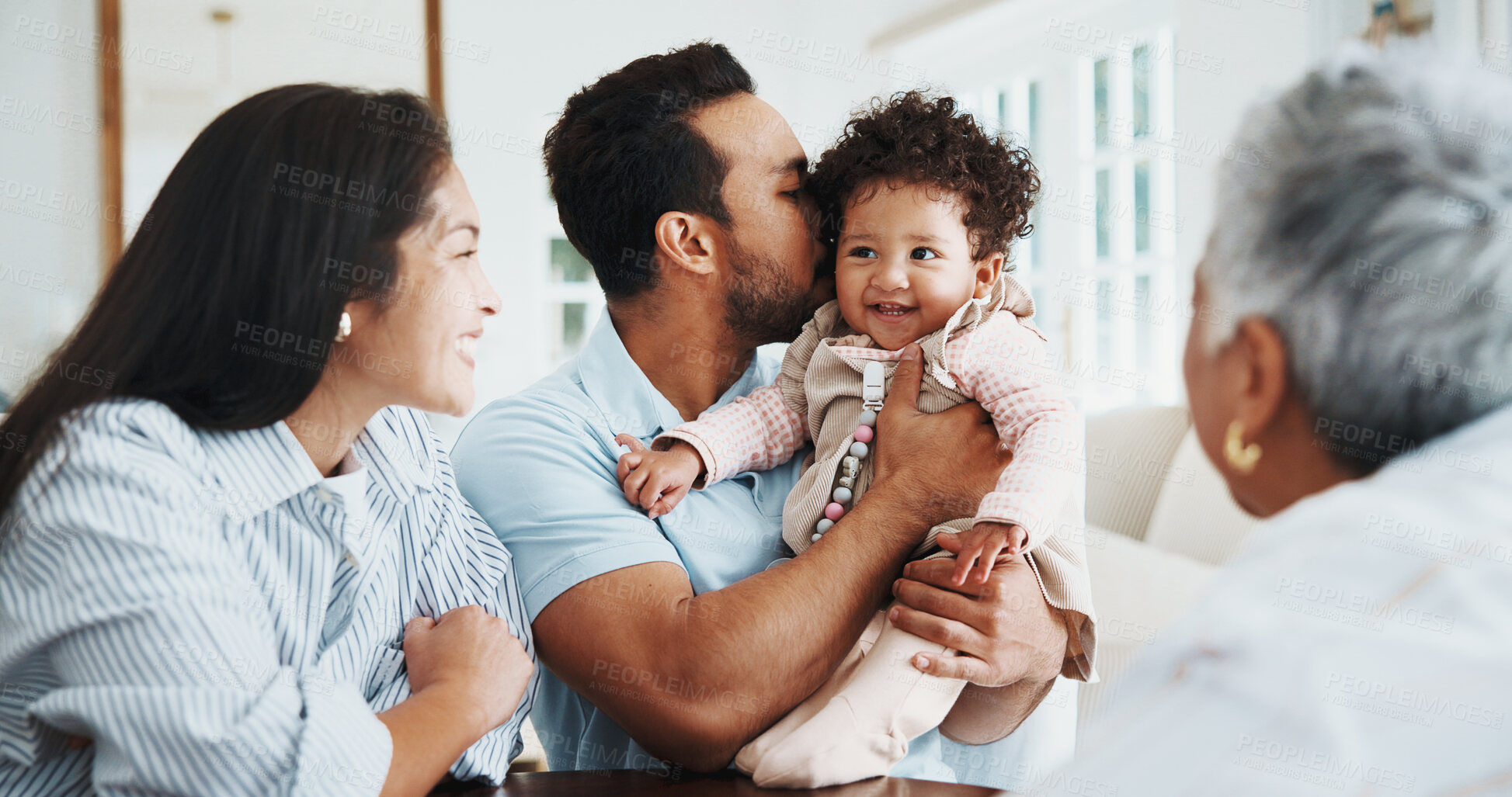 Buy stock photo Baby, kiss and grandparent visit in home, smile and bonding with child on weekend or love in lounge. Family, gathering and affection for little girl, care and happy people with senior mother in house