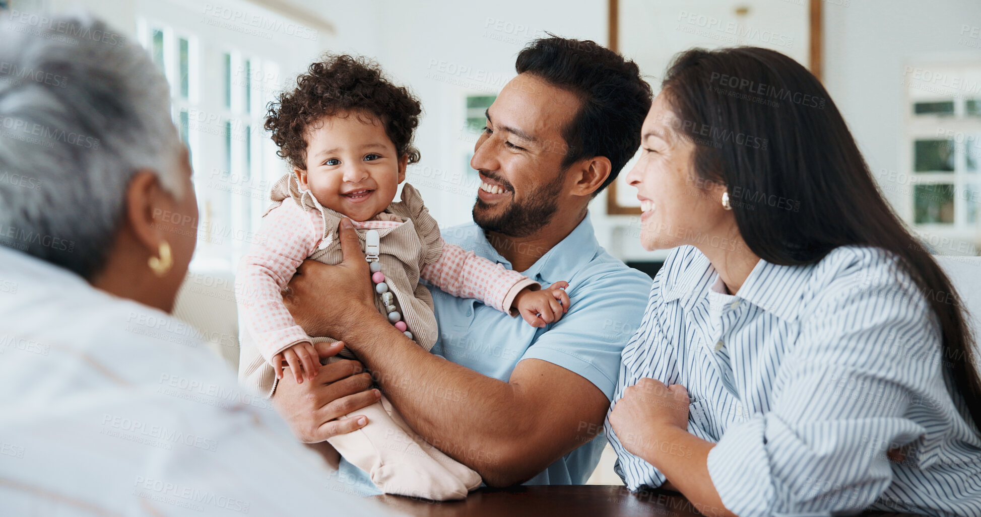 Buy stock photo Baby, smile and grandparent visit in home, laugh and bonding with child for generational love in lounge. Family, portrait and affection for girl, care and happy people with senior mother in house