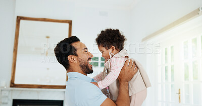 Buy stock photo Love, father and baby in house with bonding, parent security and fun together on weekend break. Childcare, dad or child in lounge with carry, happy moment or family connection in healthy relationship